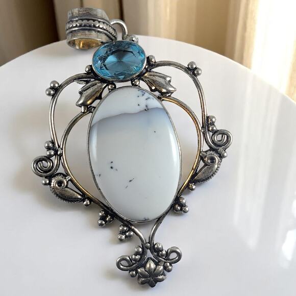Sterling Silver Dendritic Opal Blue Topaz Pendant 3" Handmade Jewelry - Picture 1 of 10